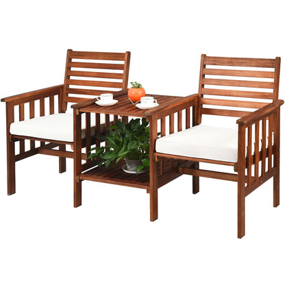 2-Seater Garden Loveseat, Wooden Bench Seat with 2 Tier Coffee Table and Umbrella Hole