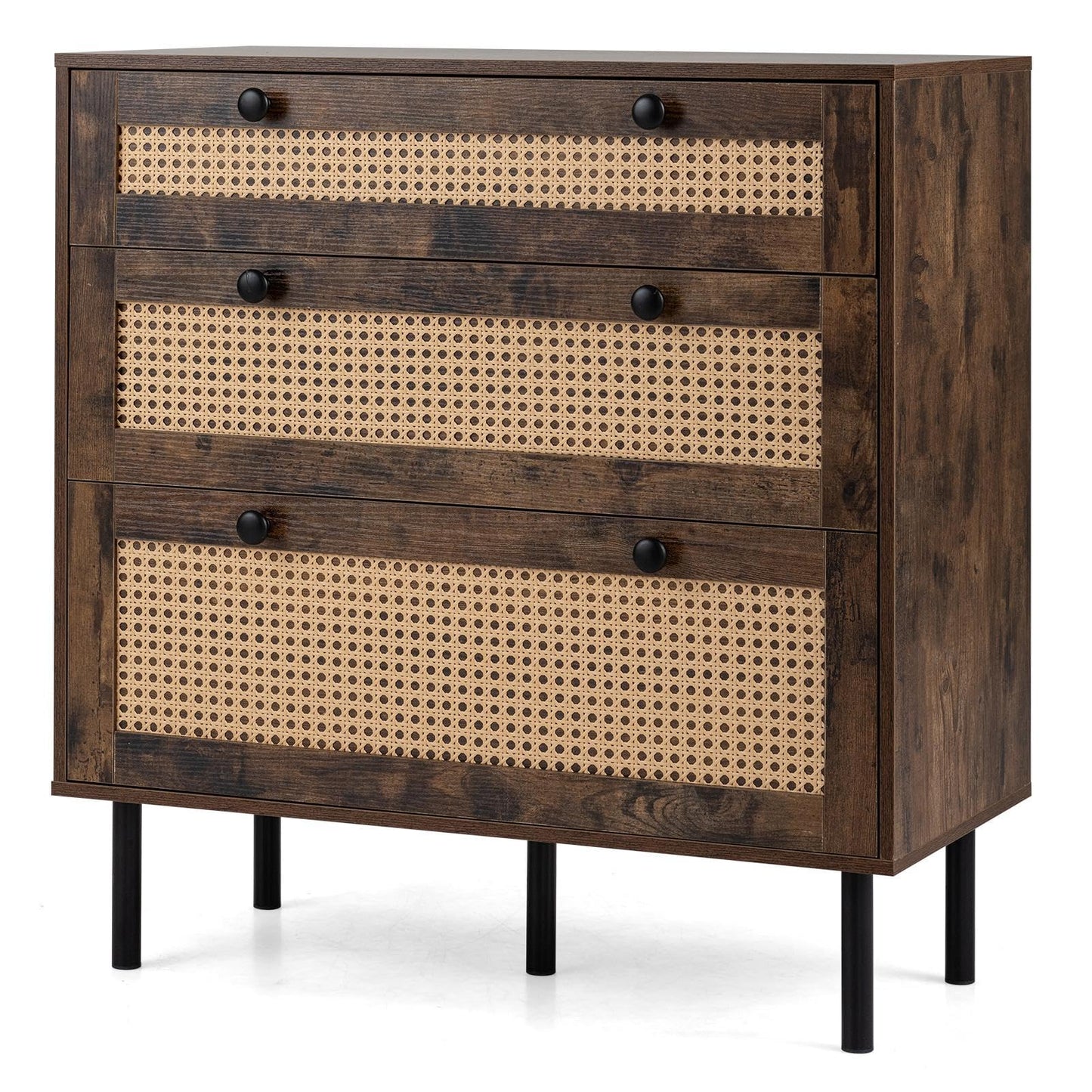 Chest of Drawers, 3-Drawer Boho Storage Dresser (Rustic Brown) | 75 cm Rattan Dresser Organizer Unit