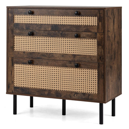 Chest of Drawers, 3-Drawer Boho Storage Dresser (Rustic Brown) | 75 cm Rattan Dresser Organizer Unit