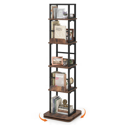 5-Tier Rotating Bookshelf Tower with 360° Spin & Side Rails for Small Spaces