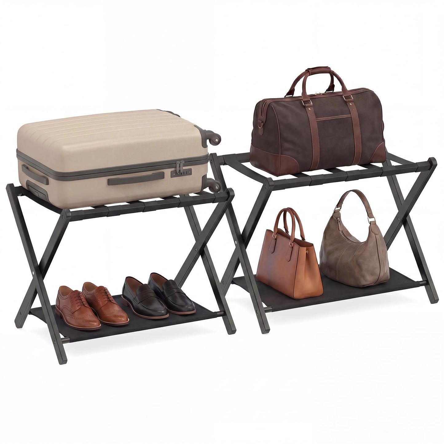 Set of 2 Bamboo Luggage Racks with Nylon Straps and Oxford Cloth Storage Shelves