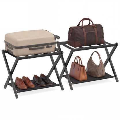 Set of 2 Bamboo Luggage Racks with Nylon Straps and Oxford Cloth Storage Shelves