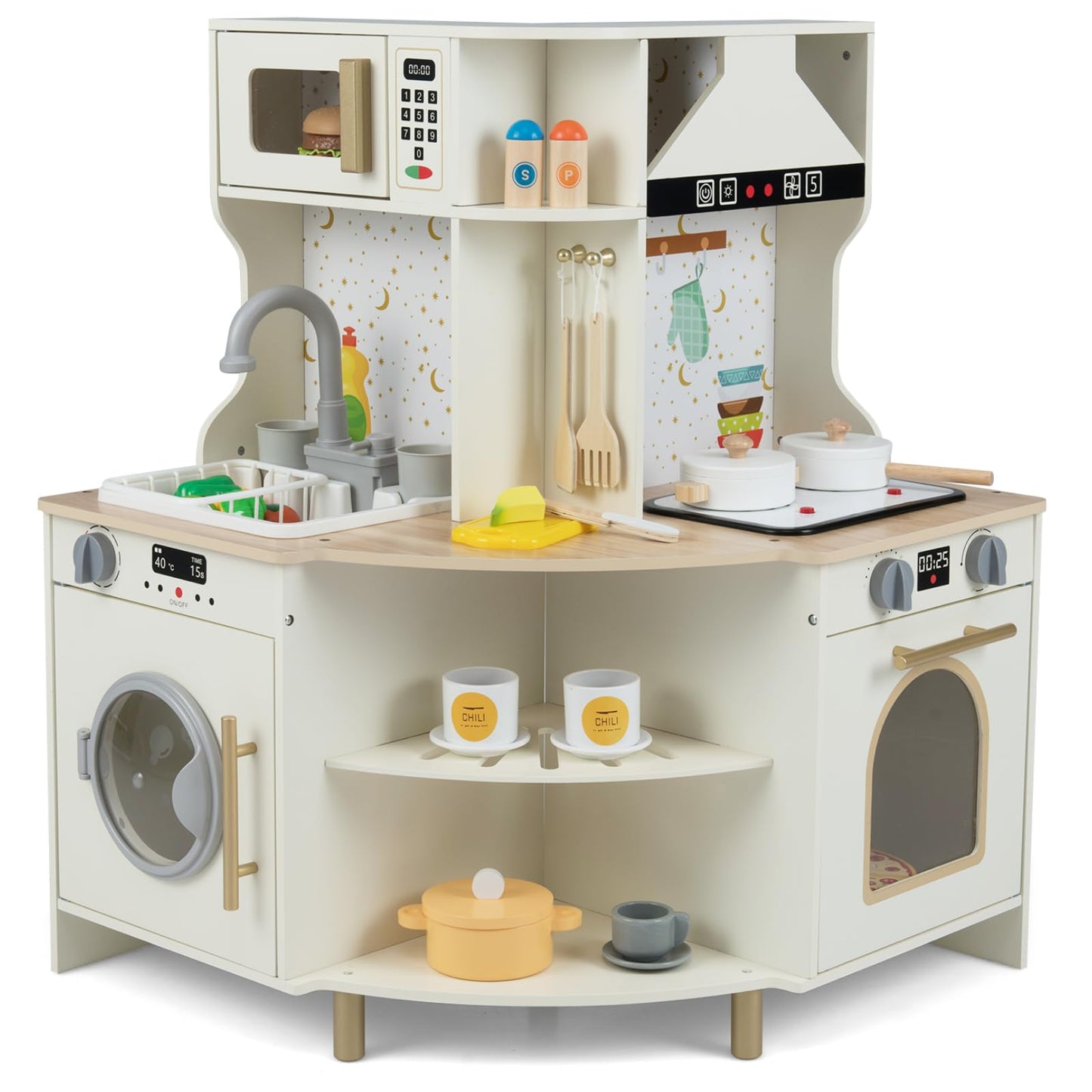 Wooden Corner Kitchen Playset with Working Faucet and Realist Sounds