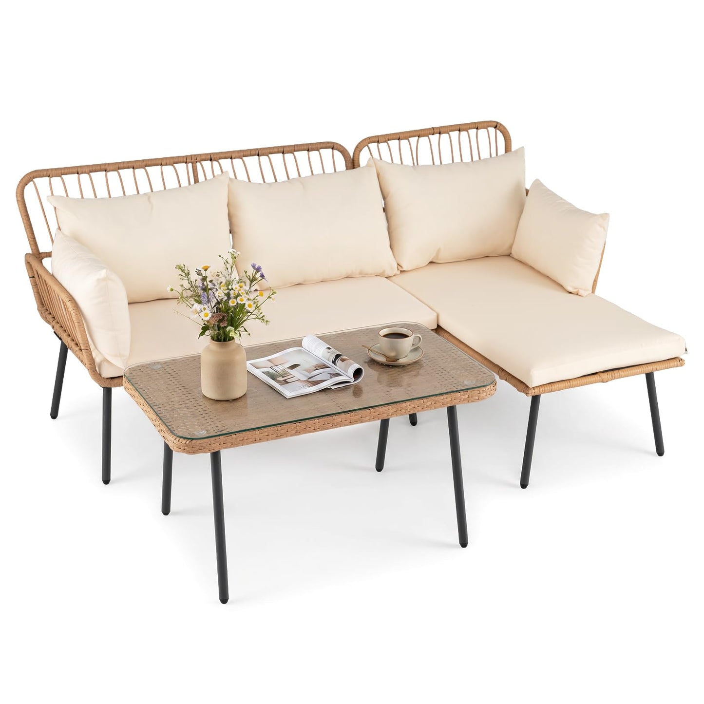 3-Piece Patio Furniture Set with Coffee Table and L-Shaped Sectional Sofa