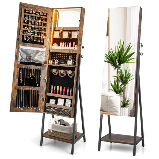 Lockable Floor Jewelry Armoire Organizer with Full Length Mirror