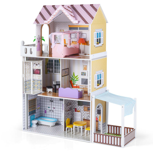 Wooden Dollhouse, Large 3-Storey Kids Playhouse with Simulated Rooms