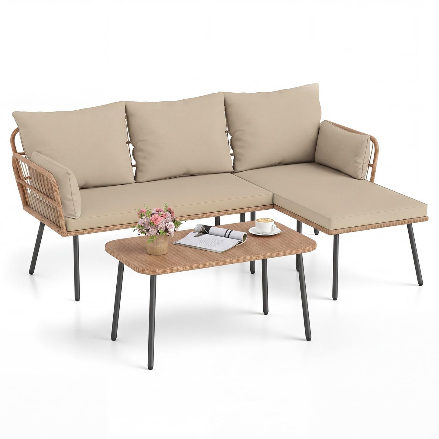 4-Seater Rattan Garden Furniture Set, 3-Piece L Shaped Sectional Outdoor Corner Sofa Sets