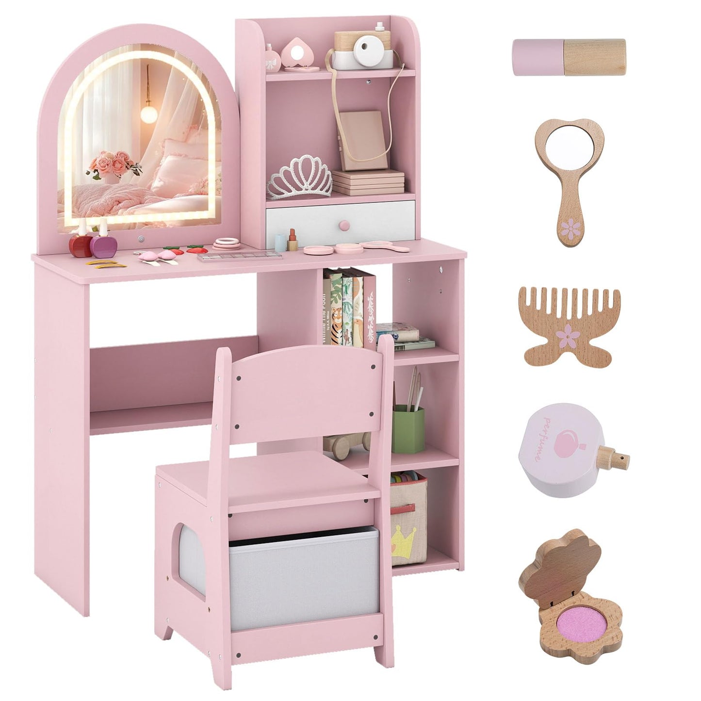 Kids Vanity Table and Chair Set with 3-color Lighted Mirror for 3+ Years Old