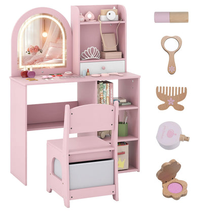 Kids Vanity Table and Chair Set with 3-color Lighted Mirror for 3+ Years Old
