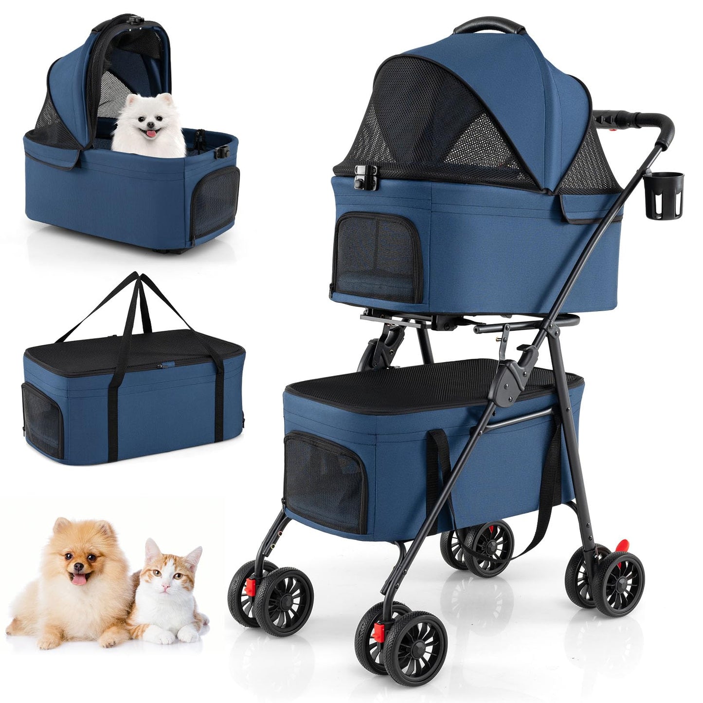 Double Pet Stroller, 4 Wheels Foldable Dog Pushchair Cat Buggy