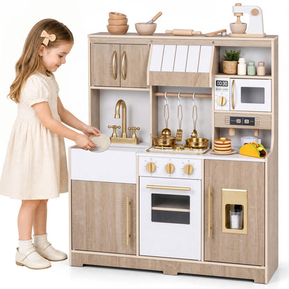 Kids Play Kitchen, Wooden Toy Kitchen with Stoves, Ice Maker, Oven