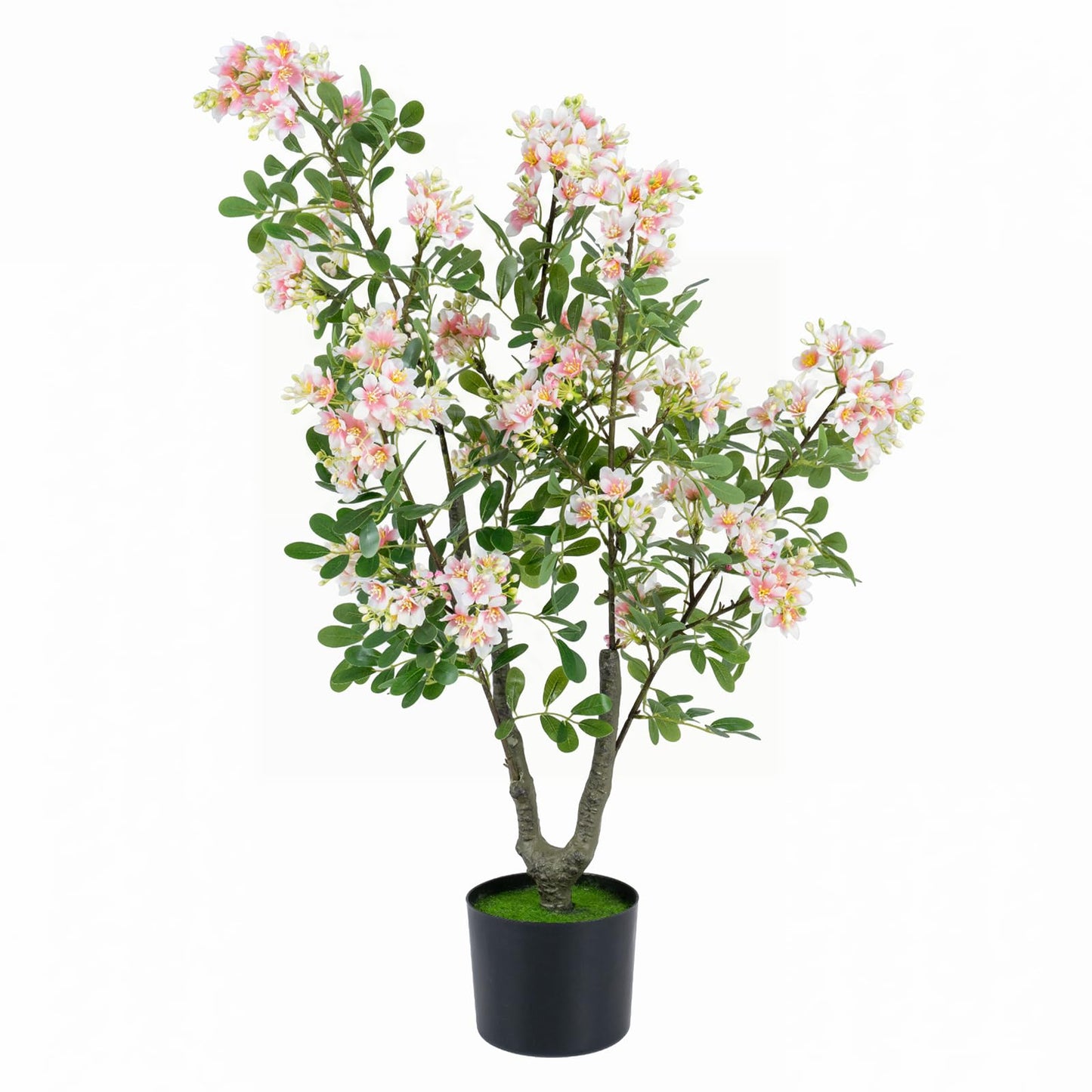 90 CM Artificial Impatiens Blossom Tree Faux Pink Floral Plant in Cement-filled Pot