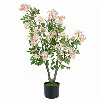 90 CM Artificial Impatiens Blossom Tree Faux Pink Floral Plant in Cement-filled Pot