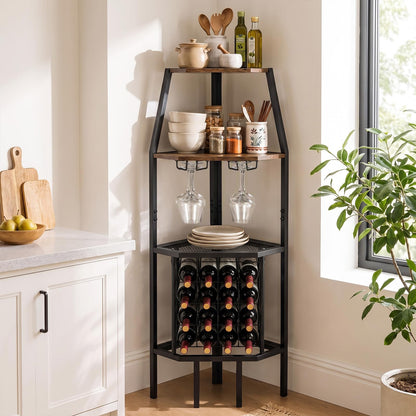 Corner Wine Rack with Glass Holder & Storage Shelves