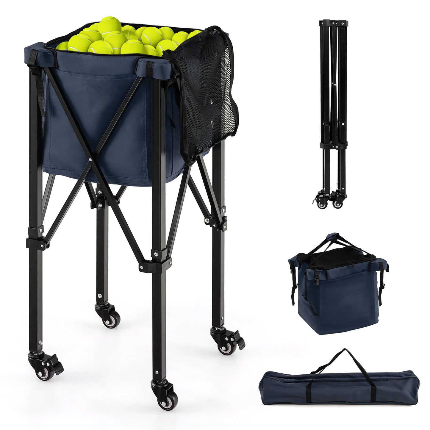 Foldable Aluminum Tennis Ball Cart Hopper Basket with Wheels