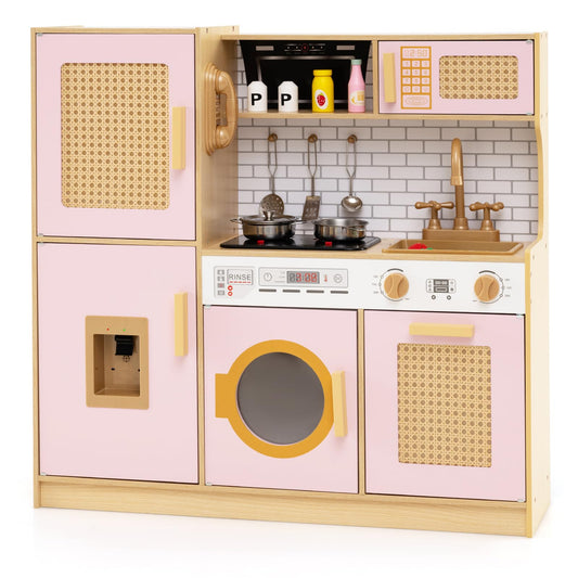 Wooden Kids Kitchen Playset with Real Sounds Lights Stove Water Dispenser