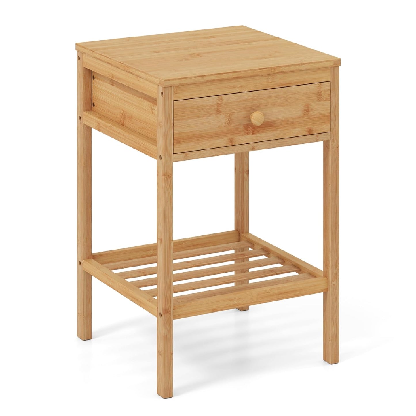 Bamboo Nightstand Bedside Table with Storage Drawer and Open Shelf