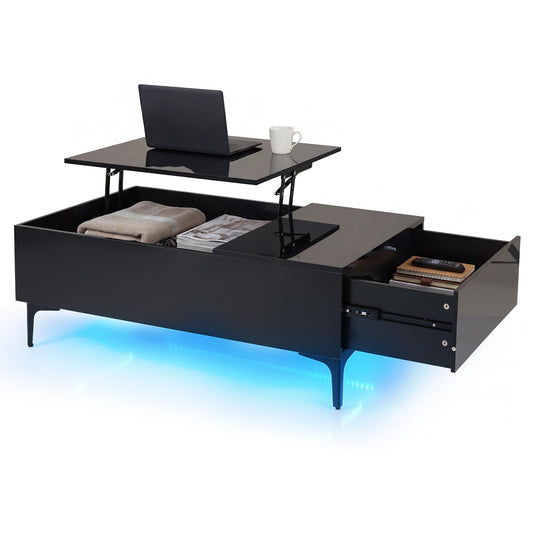 Lift Up Top Coffee Table with LED Lights, High Gloss Lifting Cocktail Center Table