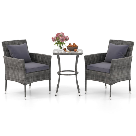 3-Piece PE Rattan Furniture Set with 2 Cushioned Chairs and Tempered Glass Table