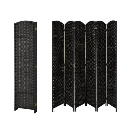 6 Panel Folding Room Divider with Hand-Woven Wicker for Home Office
