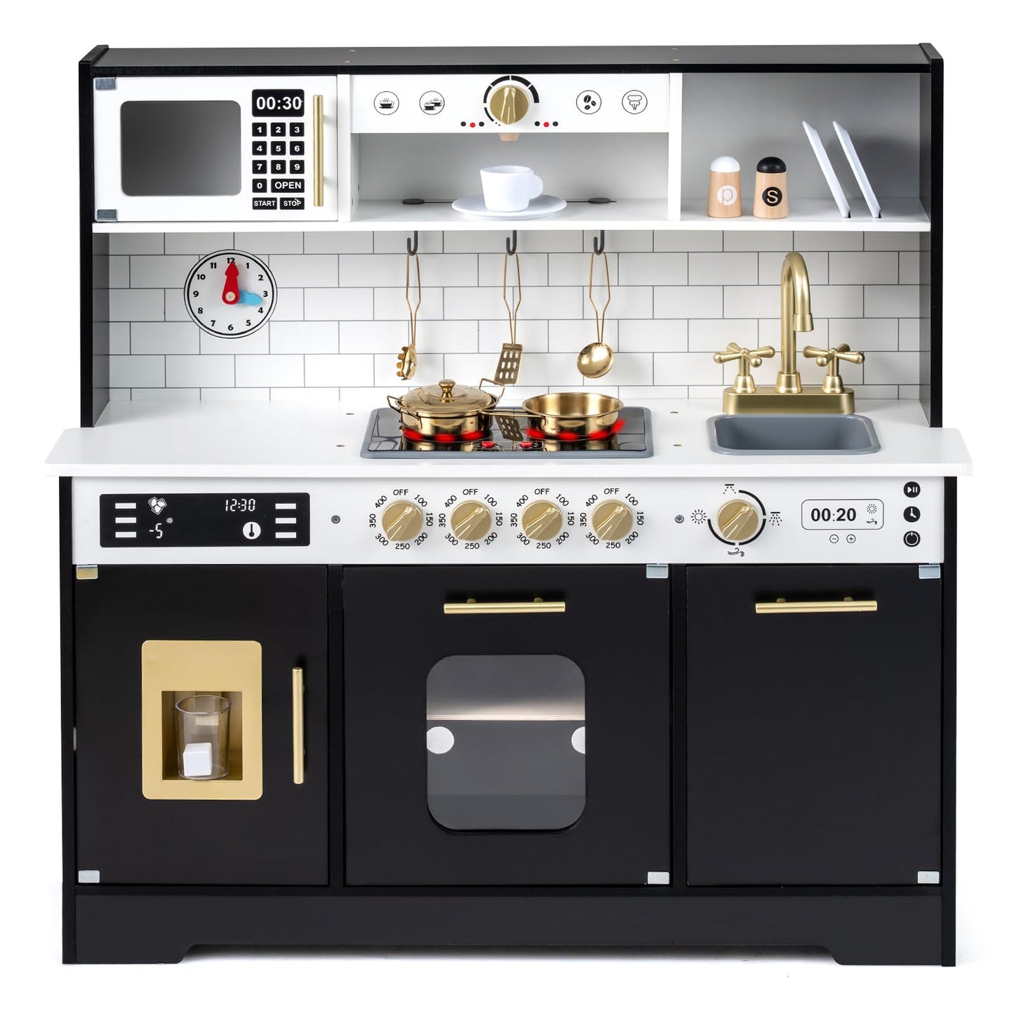 Kids Play Kitchen, Wooden Pretend Toy Kitchen with Realistic Lights & Sounds