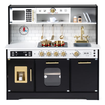 Kids Play Kitchen, Wooden Pretend Toy Kitchen with Realistic Lights & Sounds