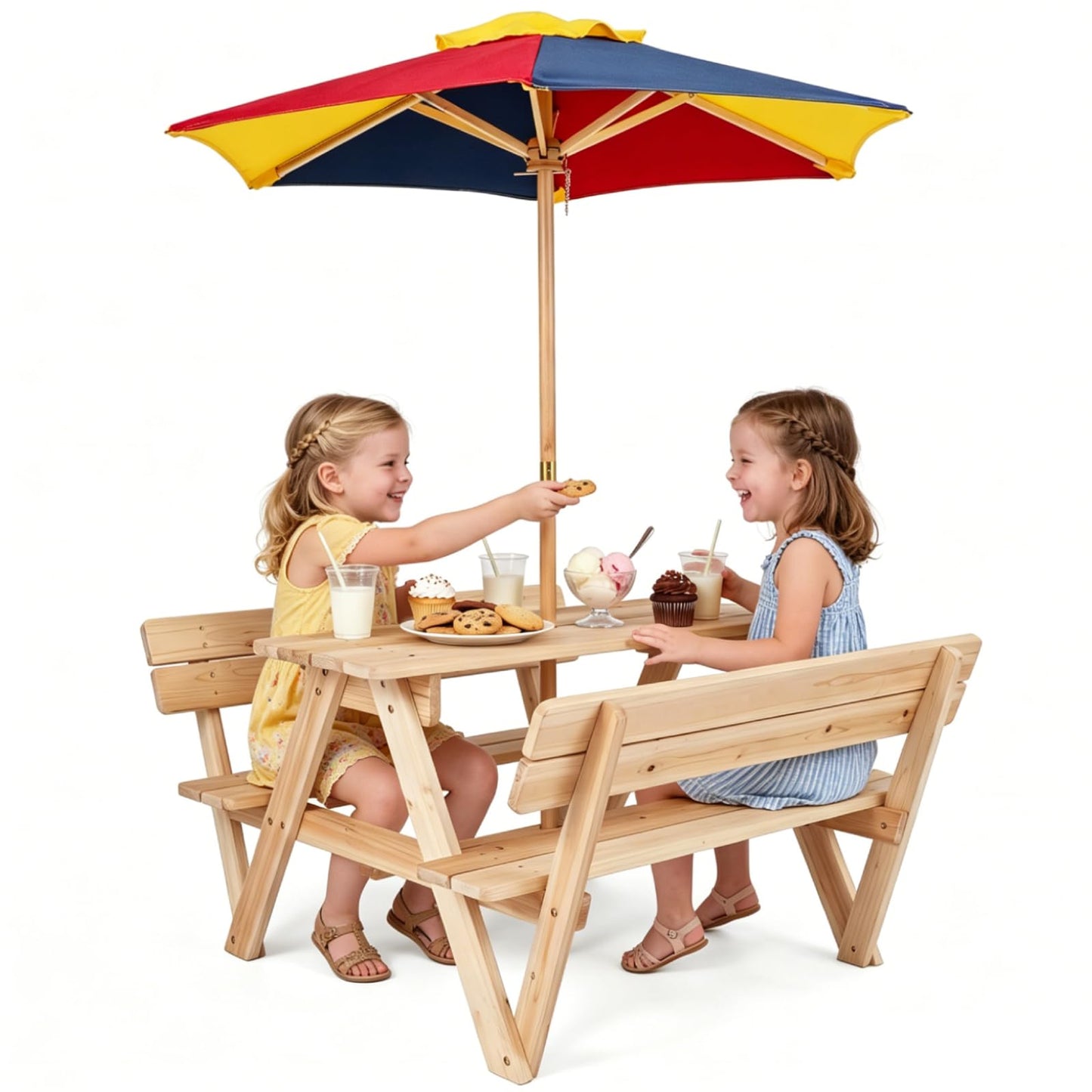 Kids Picnic Table Bench Set, Children 4 Seat Activity Play Table with Removable & Folding Umbrella