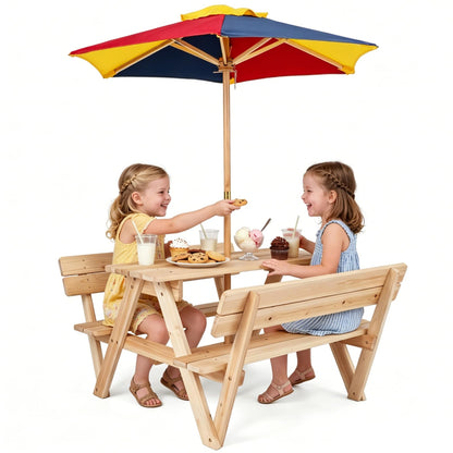 Kids Picnic Table Bench Set, Children 4 Seat Activity Play Table with Removable & Folding Umbrella