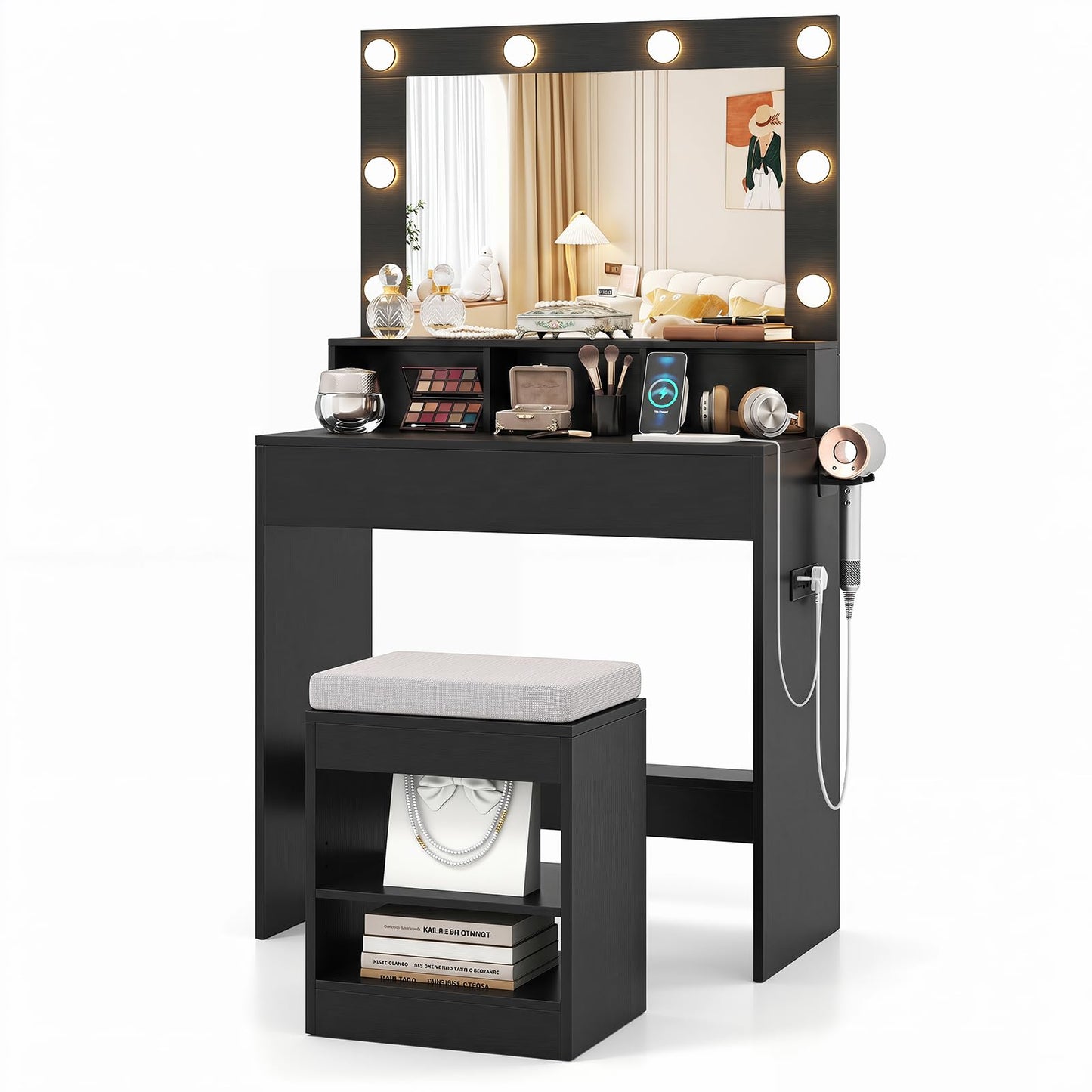 Small Dressing Table with Mirror and Storage Stool, 80cm Compact Makeup Table Vanity Desk Set