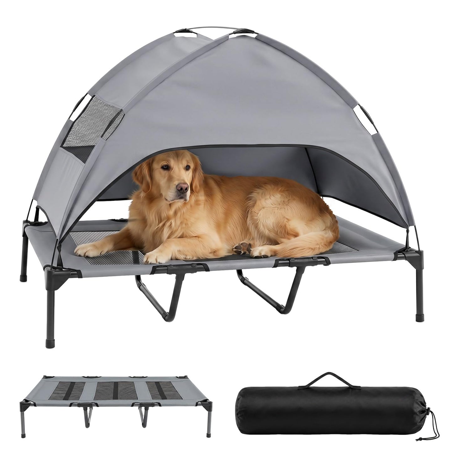 Raised Dog Bed, Elevated Pet Bed with Removable Canopy, Breathable Mesh & Carry Bag