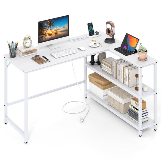 L Shaped Desk with Charging Station Corner Computer Desk with Storage Shelves