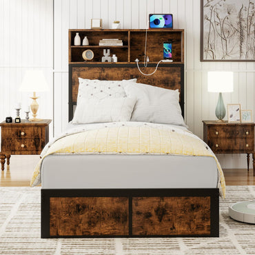 Bed Frame with Charging Station and Storage Headboard
