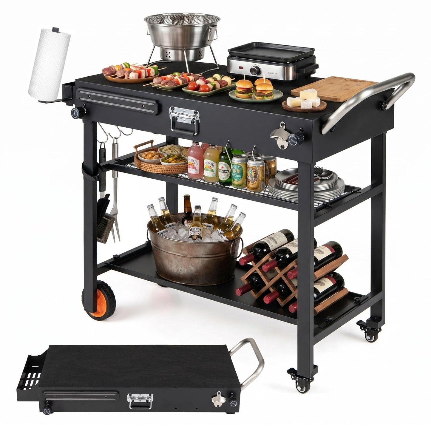 Portable Grill Table, Folding Grill Cart BBQ Prep Table with Heat-Resistant Mat