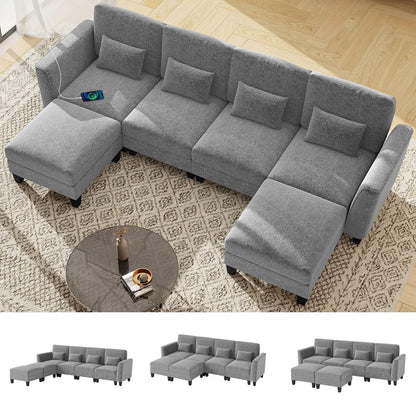 280 cm U-Shaped Sectional Sofa with 2 Ottomans & USB Charging Ports