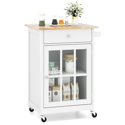 65 CM Kitchen Island Cart Rolling Kitchen Cabinet with Rubber Wood Tabletop