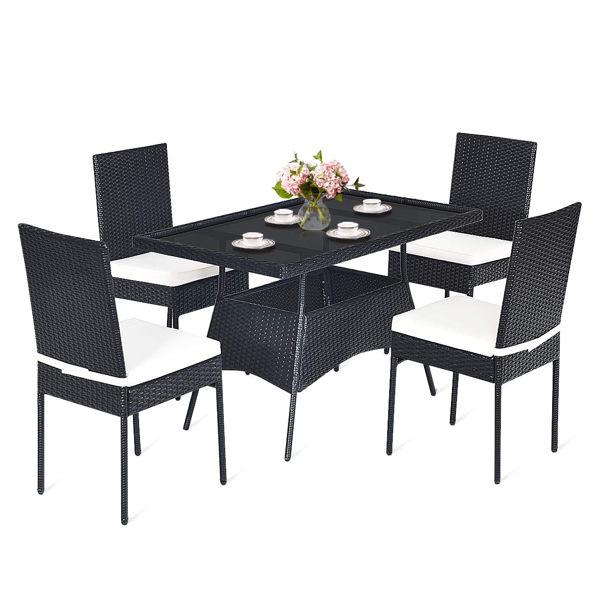 5 pcs Wicker Garden Table and Chairs Set with Tempered Glass Top & Removable Cushions