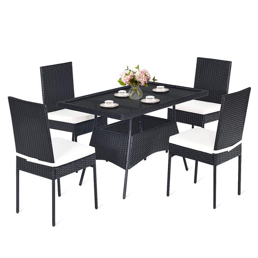 5 pcs Wicker Garden Table and Chairs Set with Tempered Glass Top & Removable Cushions
