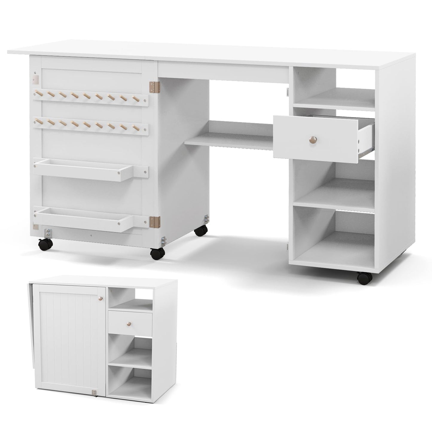 Folding Sewing Table with Storage Shelves and Trays