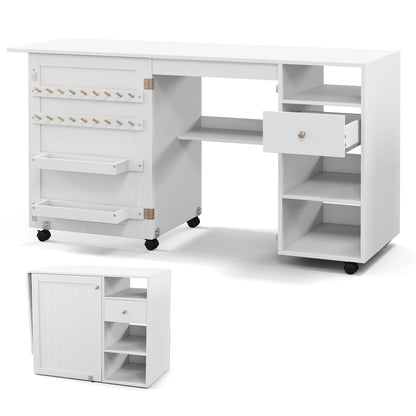 Folding Sewing Table with Storage Shelves and Trays