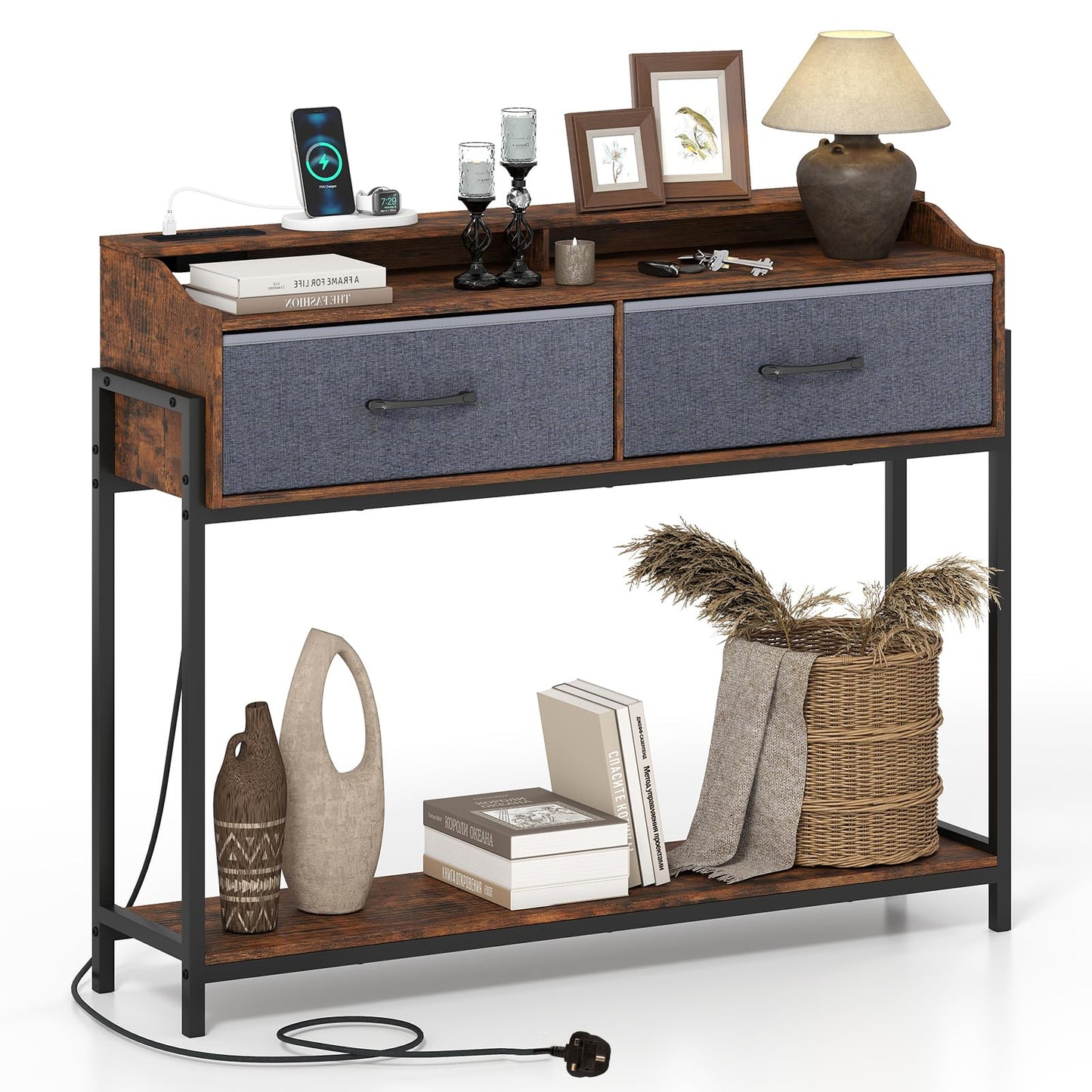 Console Table with Charging Station 110cm Entryway Table with 2 Drawers