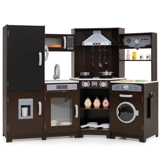 Corner Wooden Play Kitchen with Lights Sounds Toy Kitchen Playset