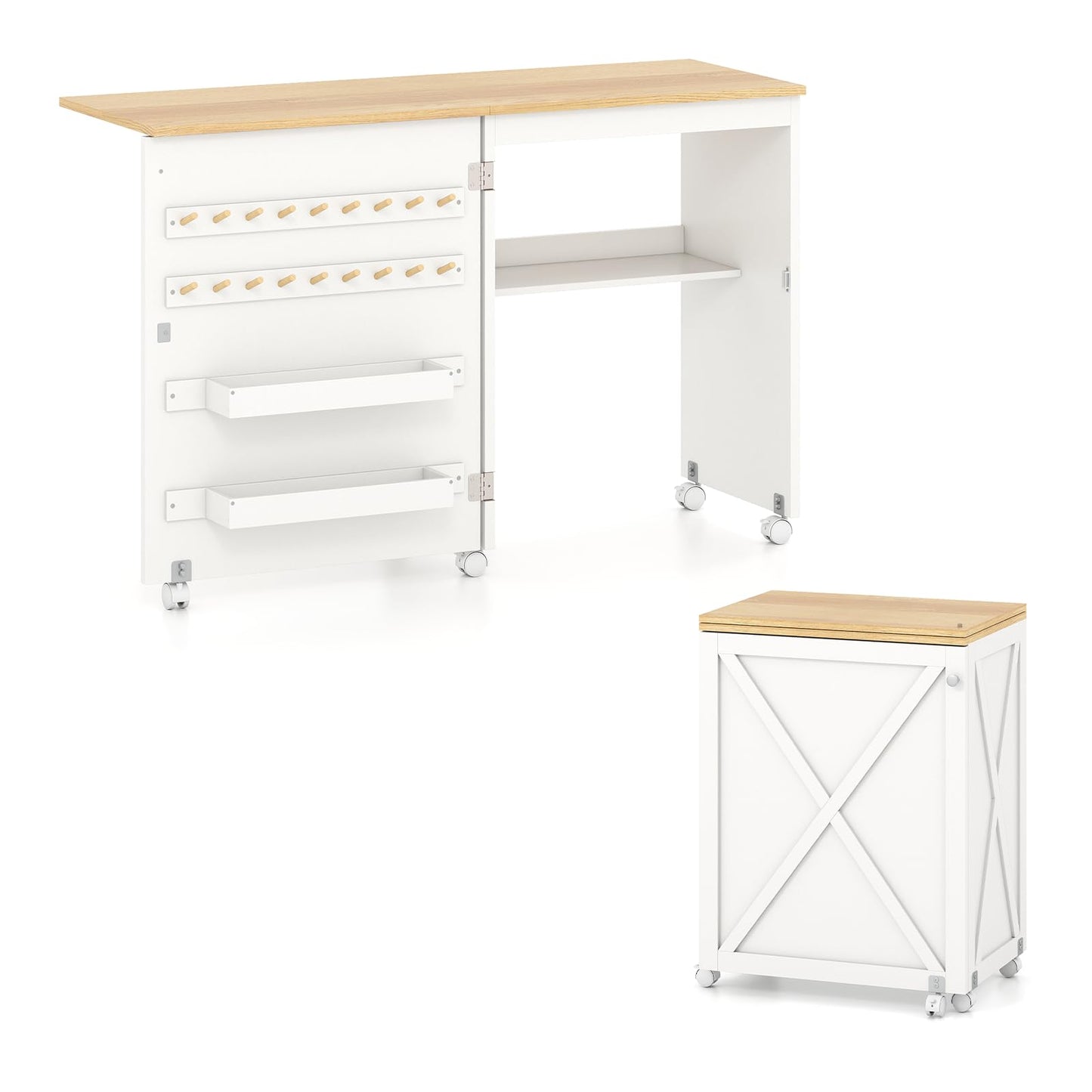 Folding Sewing Table, Rolling Drop Leaf Sewing Workstation Computer Desk