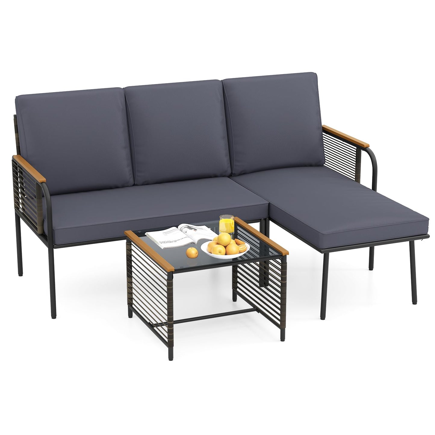 3 Pieces Wicker Furniture Set with Tempered Glass Side Table