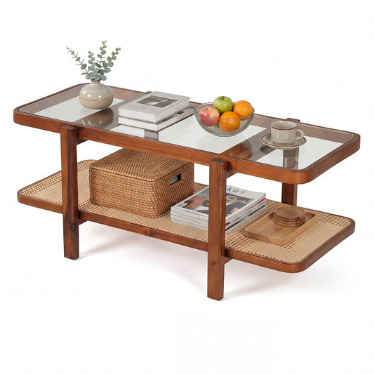 Coffee Table, 2-Tier Tempered Glass Tea Table with Acacia Wood Frame