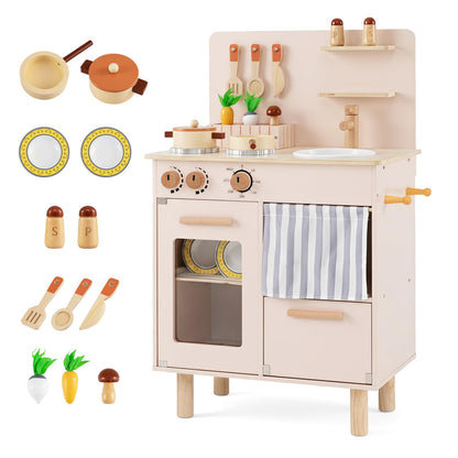 Kids Play Kitchen, Wooden Toy Kitchen with Stoves