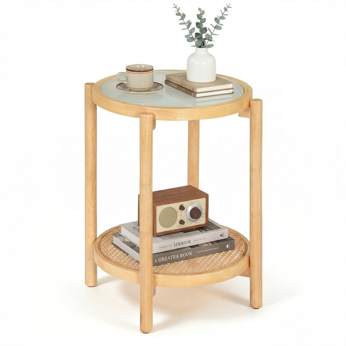 2-Tier Boho End Table with Tempered Glass Top for Living Room