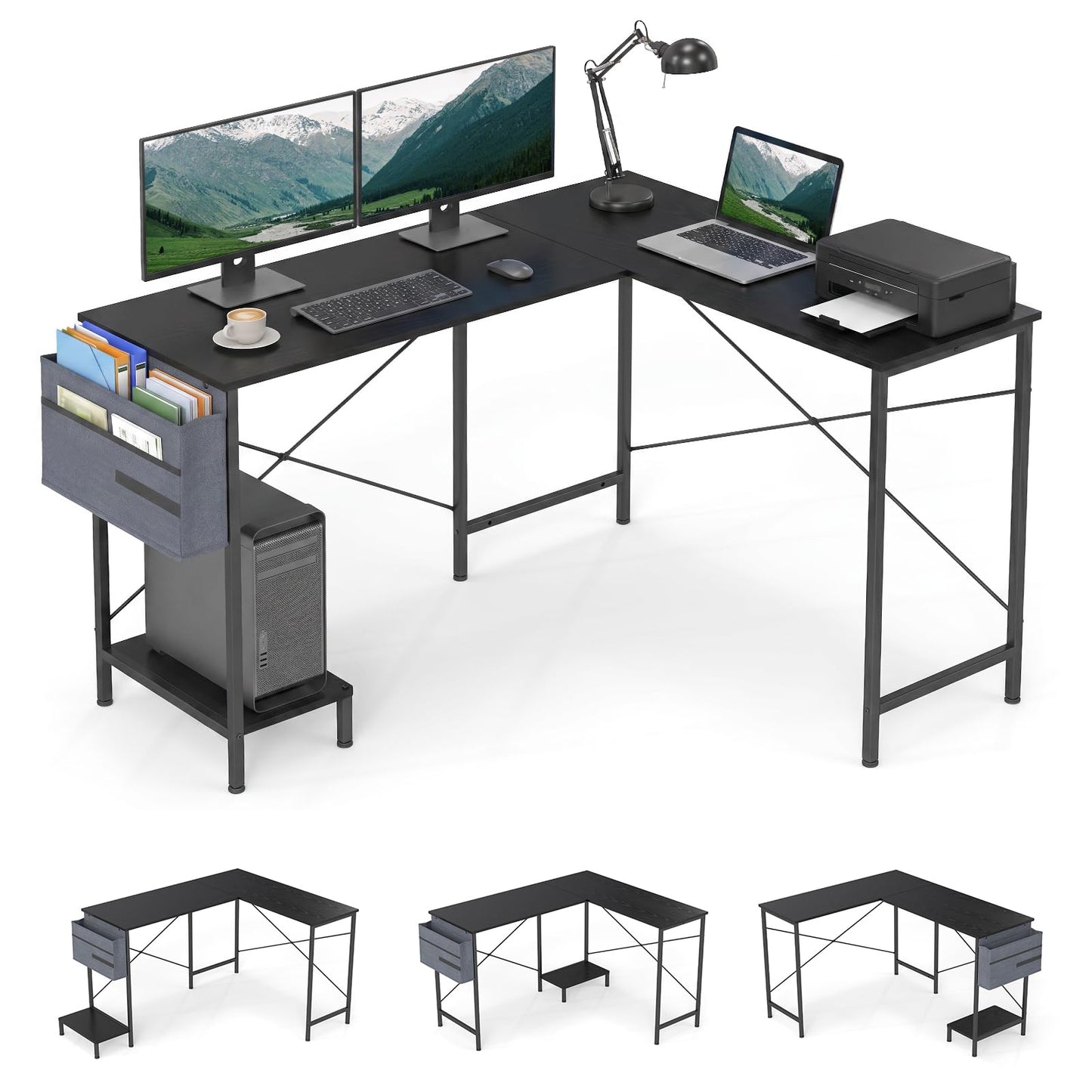 L-Shaped Computer Desk, Metal Frame Reversible Double Study Writing Workstation