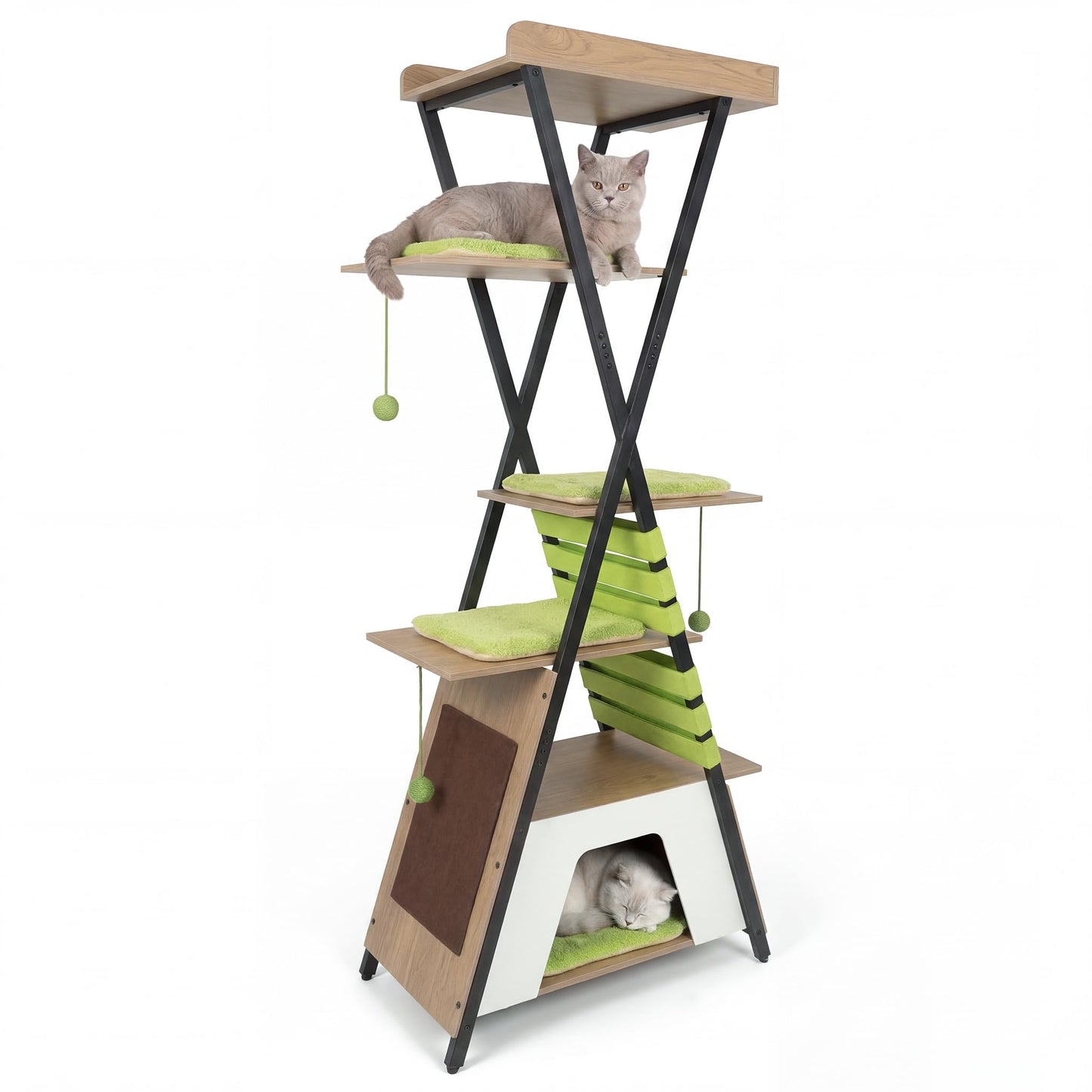 Multi-level Cat Tree, 185CM Wooden Cat Tower with Elevated Perch