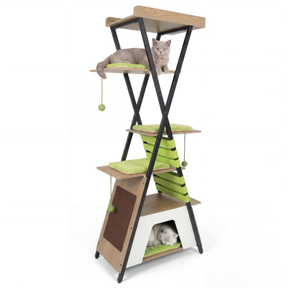 Multi-level Cat Tree, 185CM Wooden Cat Tower with Elevated Perch
