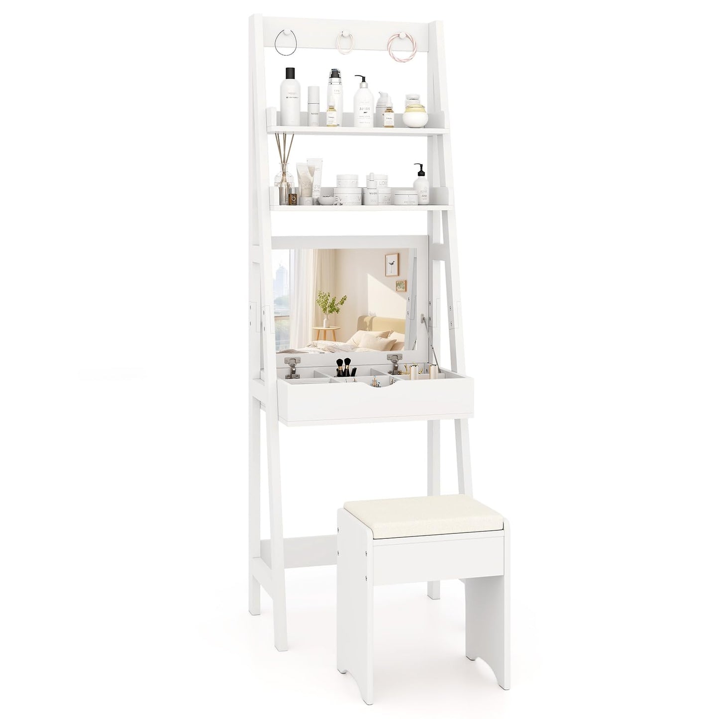 Vanity Desk Set with Flip Top Mirror and Hooks